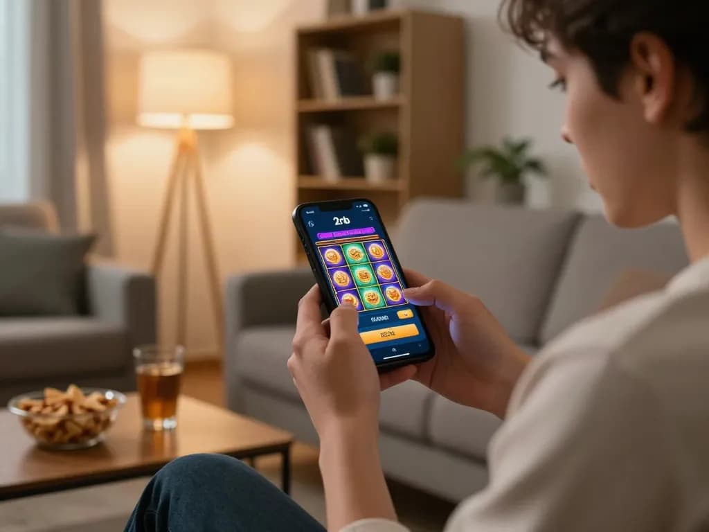 Player using a smartphone for slot deposit 2rb online gaming in cozy living room.