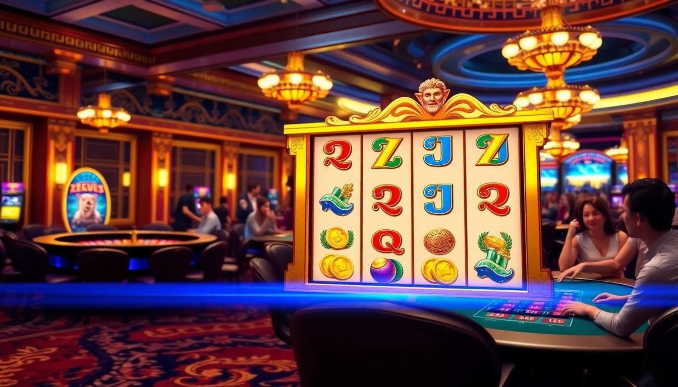 Experience the excitement of slot zeus with a luxurious casino scene featuring a thunderbolt-themed slot machine.