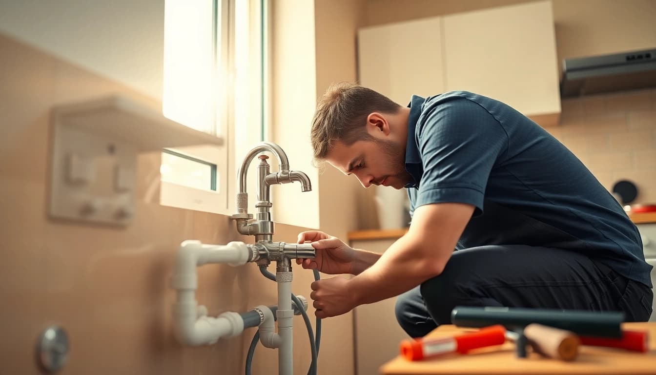 Find a reliable plumber near me fixing a sink in a bright kitchen.
