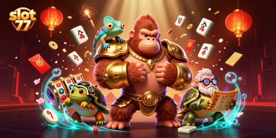 Experience the thrill of slot 77 with a dynamic scene featuring a powerful gorilla king and vibrant game elements.