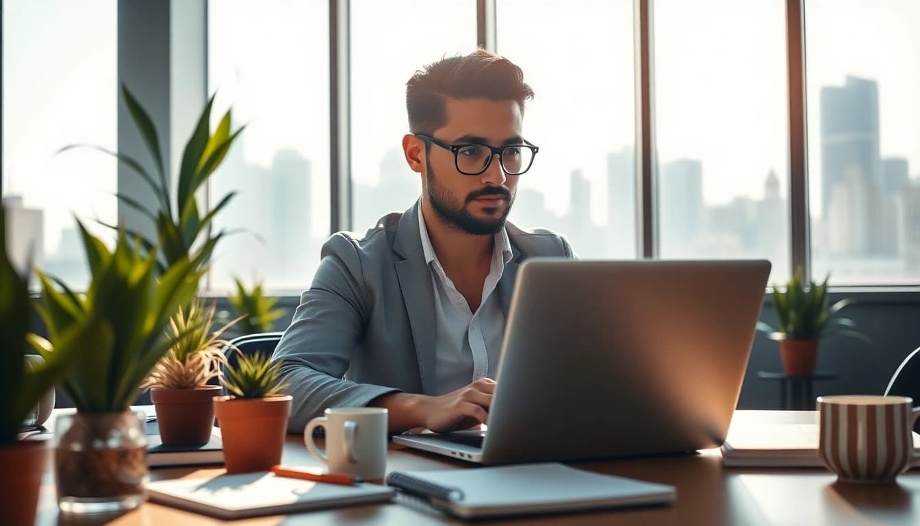 Engaged professional at https://www.trilgameshproject.com working in a modern office setting.