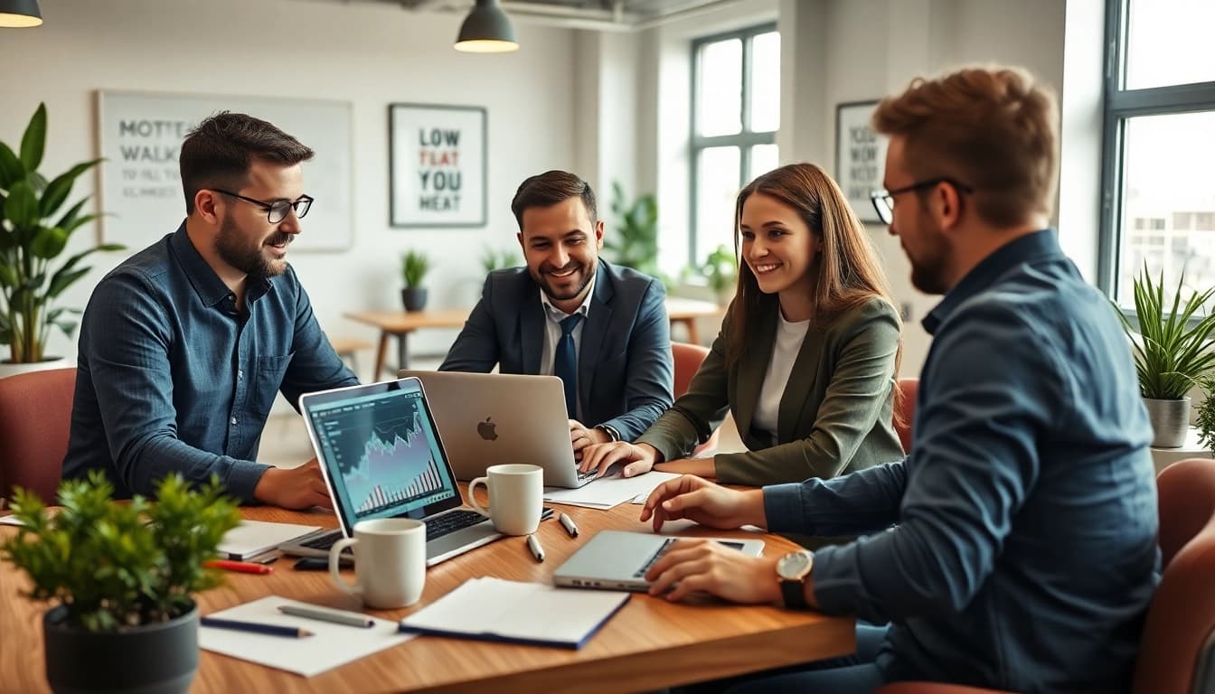 Team working together at https://whatalker.com on digital marketing strategies in a bright office.