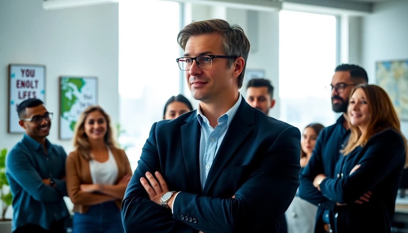 Engage with a business coach near me during a motivational office meeting.