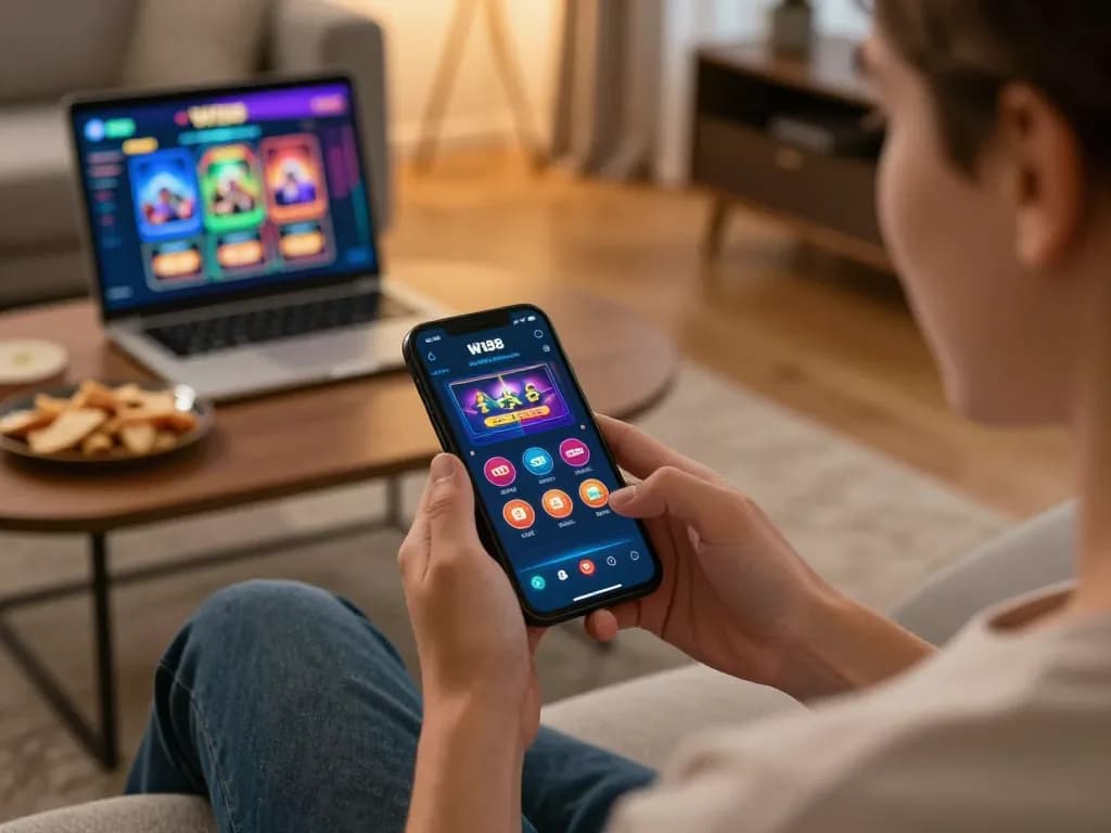 Playing the W188 casino app on a smartphone, experiencing exciting online gambling.
