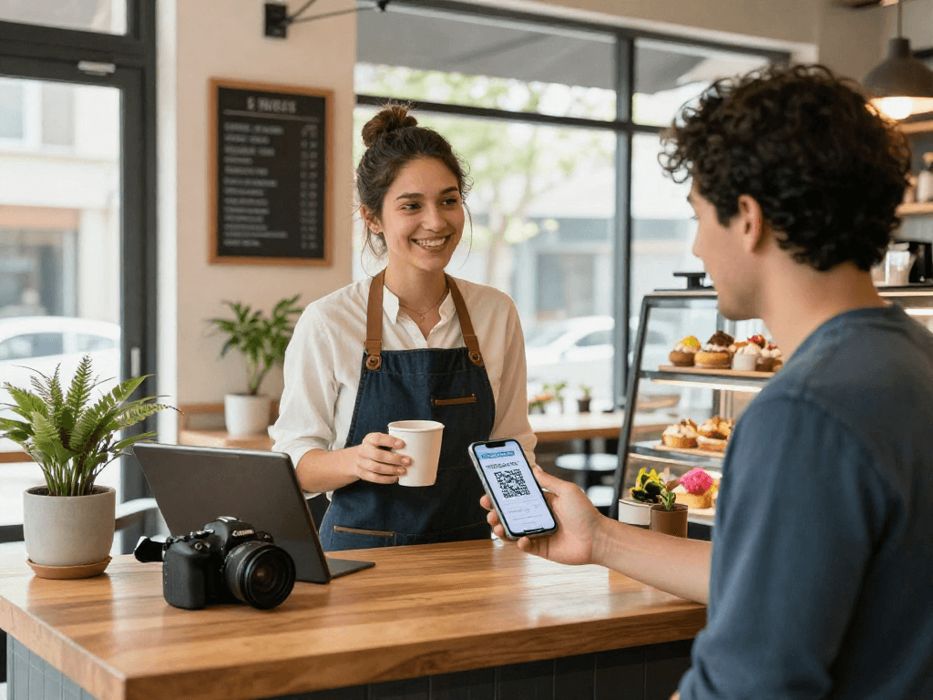 Barista rewarding customer with loyalty app points in cozy café.