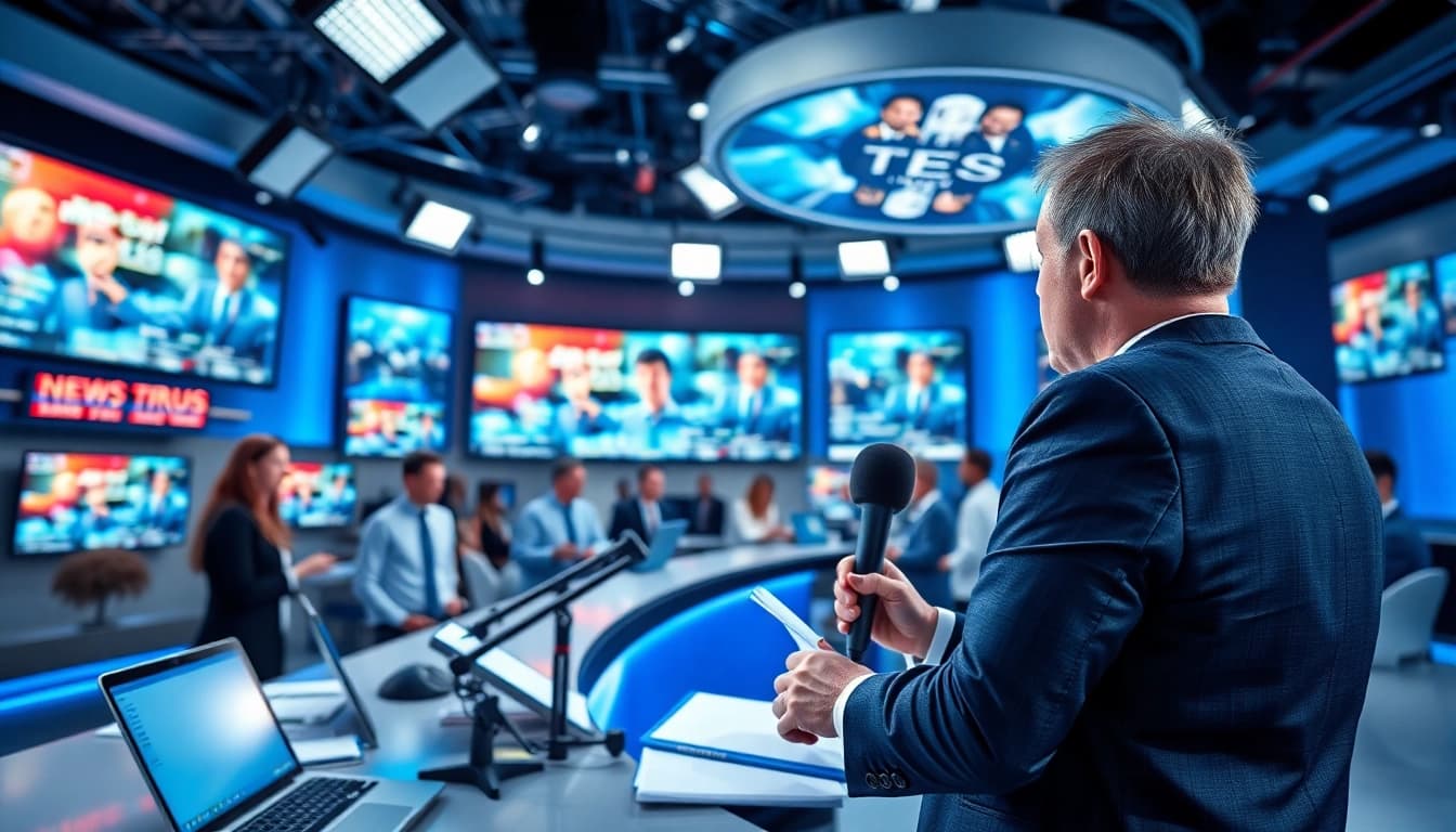 Engaging news journalist reporting breaking news from a vibrant modern newsroom.