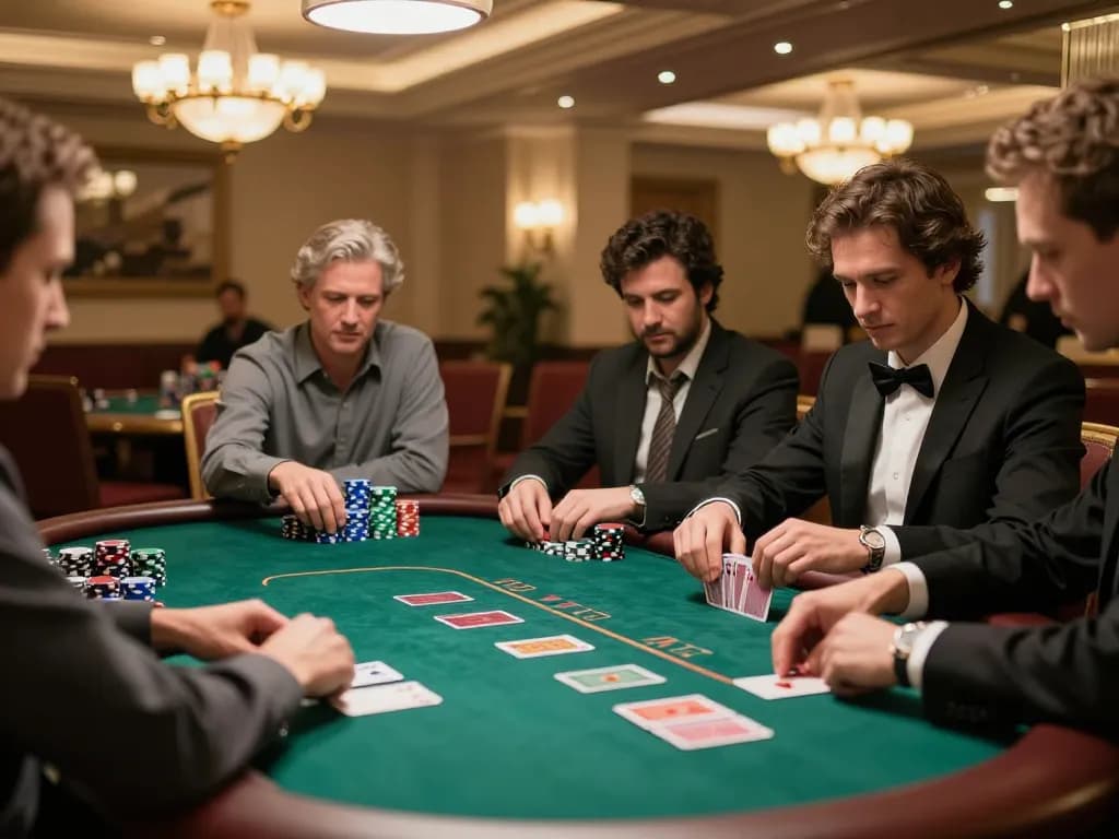 Manclub players engaged in a tense poker game, showcasing strategy and concentration on the vibrant casino floor.