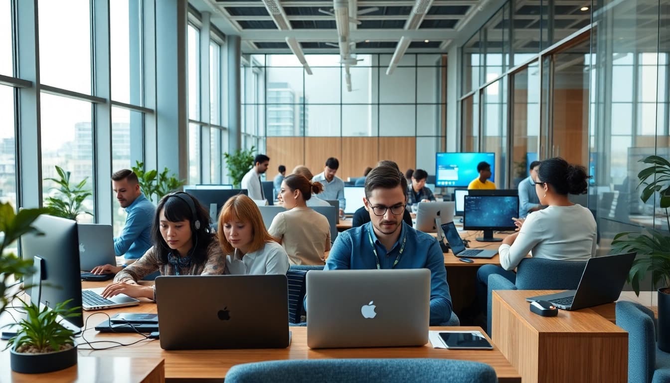 Engaged teams collaborating in leading IT Companies office space highlighting teamwork.