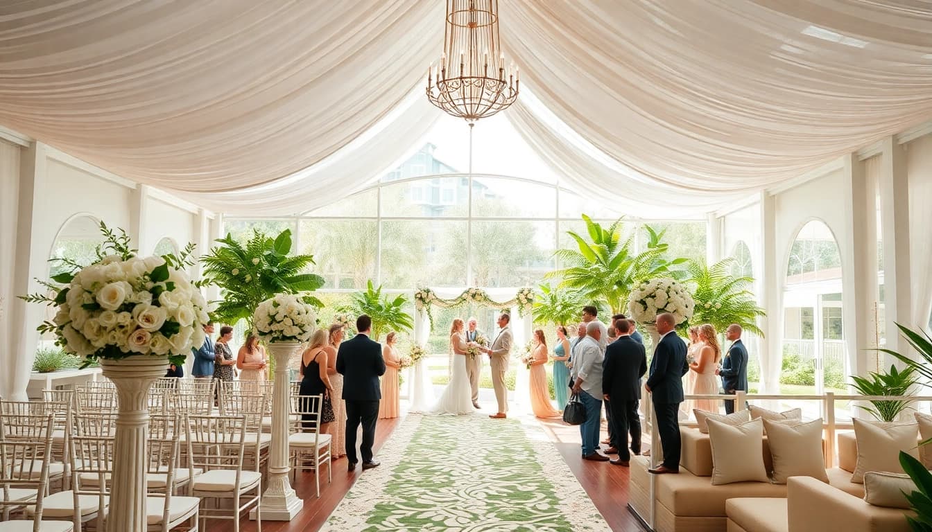 Celebrate your dream wedding at this exquisite Jacksonville Wedding Venue, showcasing vibrant flowers and elegant decor.