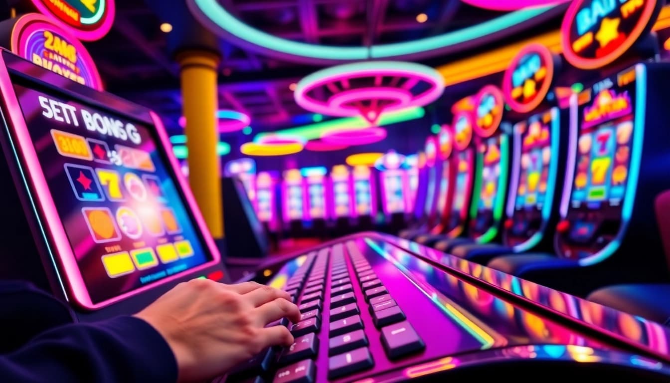 Mainkan bro138 slot di mesin slot yang berkilau dengan suasana kasino yang ramai.