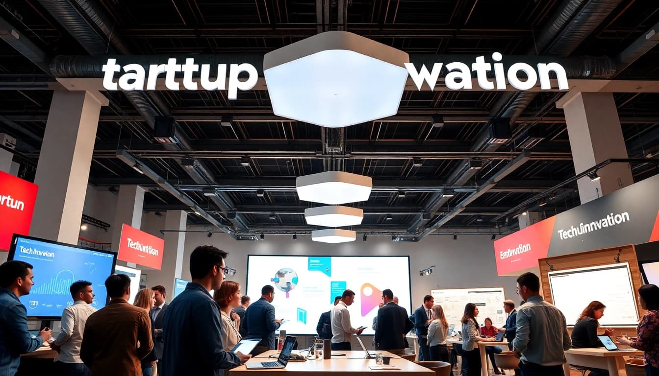 Participants network and share ideas at a startup innovation conference filled with technology and collaboration.