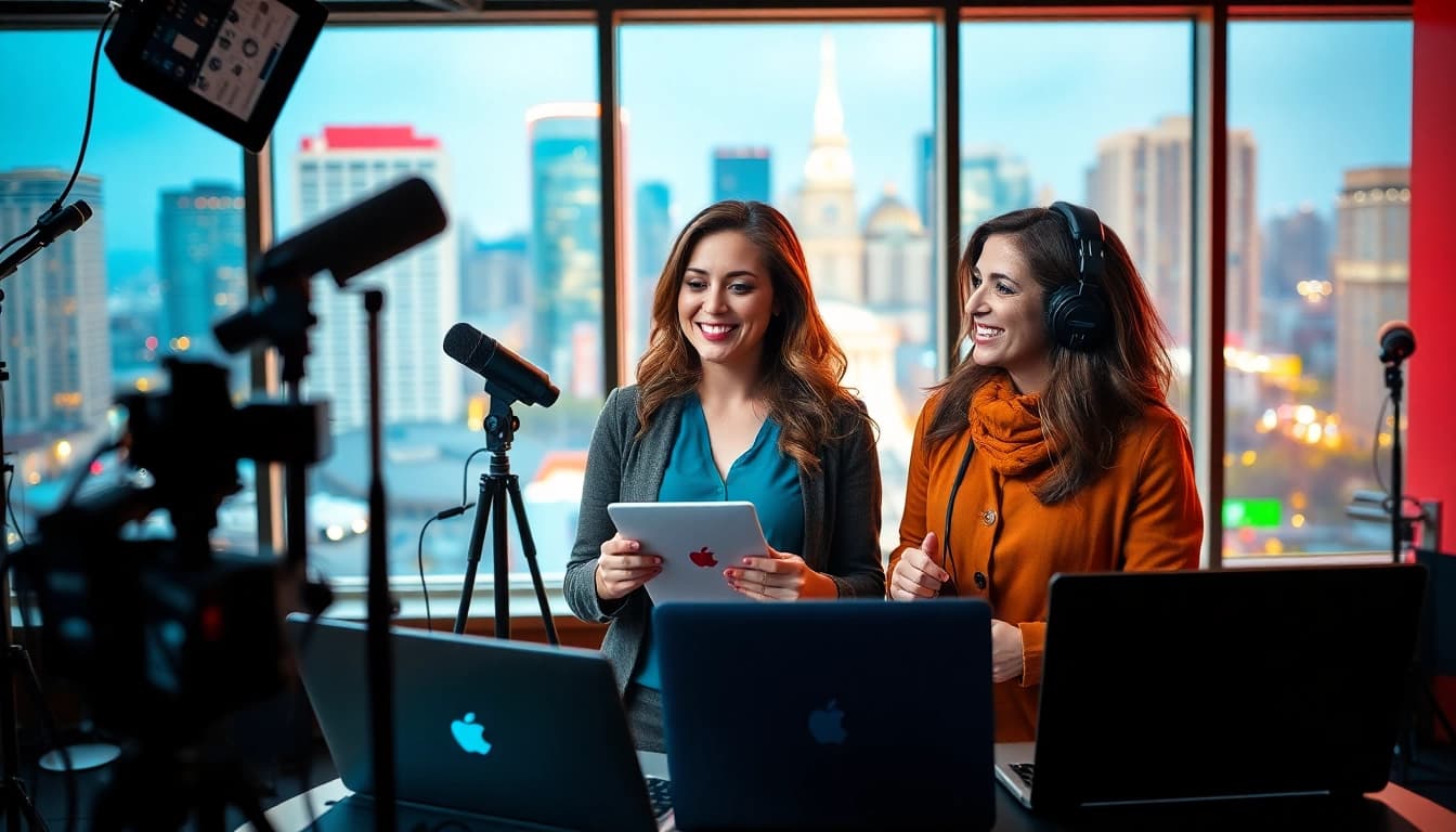 Capture engaging news discussions at https://2urbangirls.com in a bright urban newsroom setting.