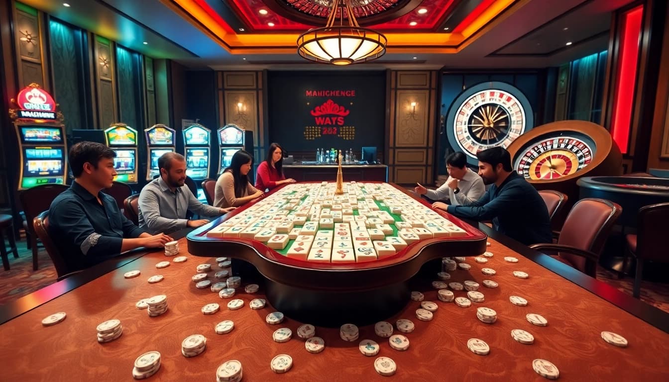 Players enjoying Mahjong Ways 2 in an upscale casino with vibrant decorations.