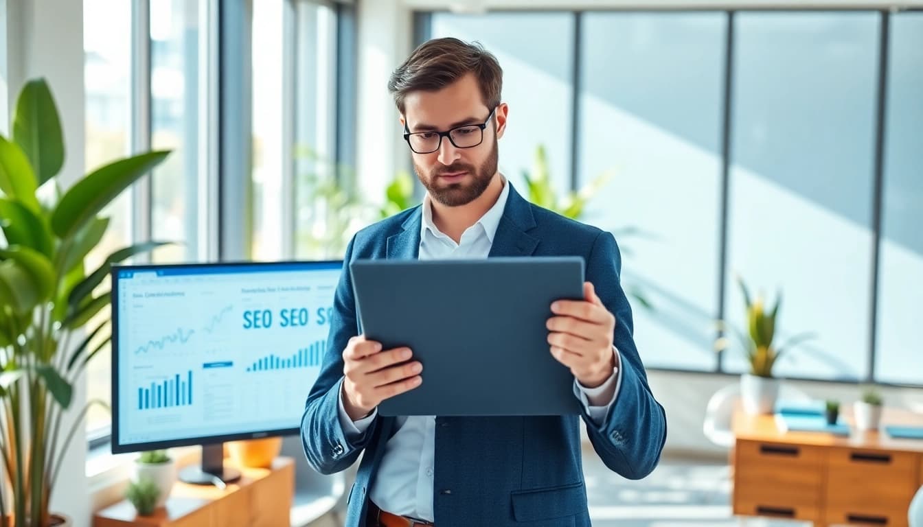 SEO consultant analyzing data in a modern office to optimize online presence.