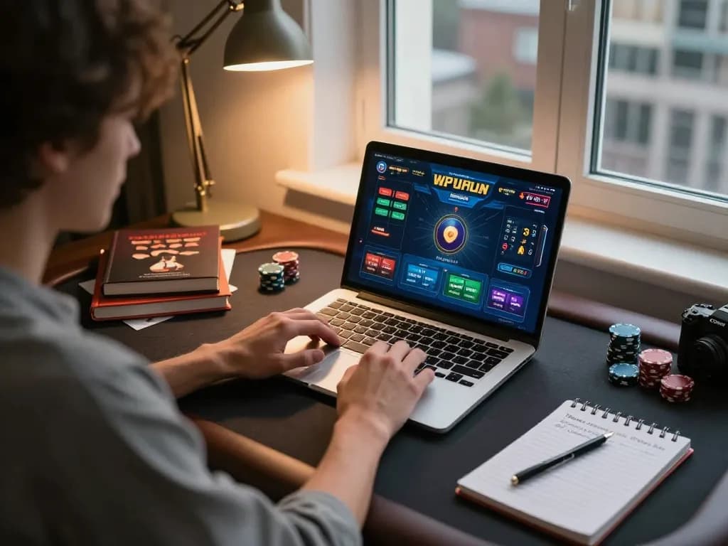 Suasana perjudian online yang menarik dengan hoki88 login alternatif yang ditampilkan secara mencolok di layar laptop, menunjukkan sesi strategis seorang pengguna.