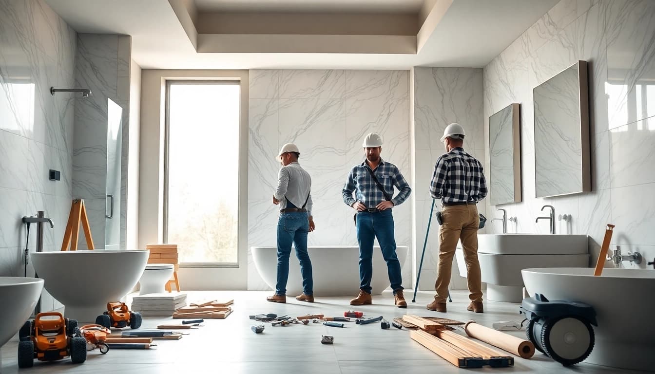 Bathroom builders collaborating on a stylish bathroom renovation with modern tools and elegant tiles.