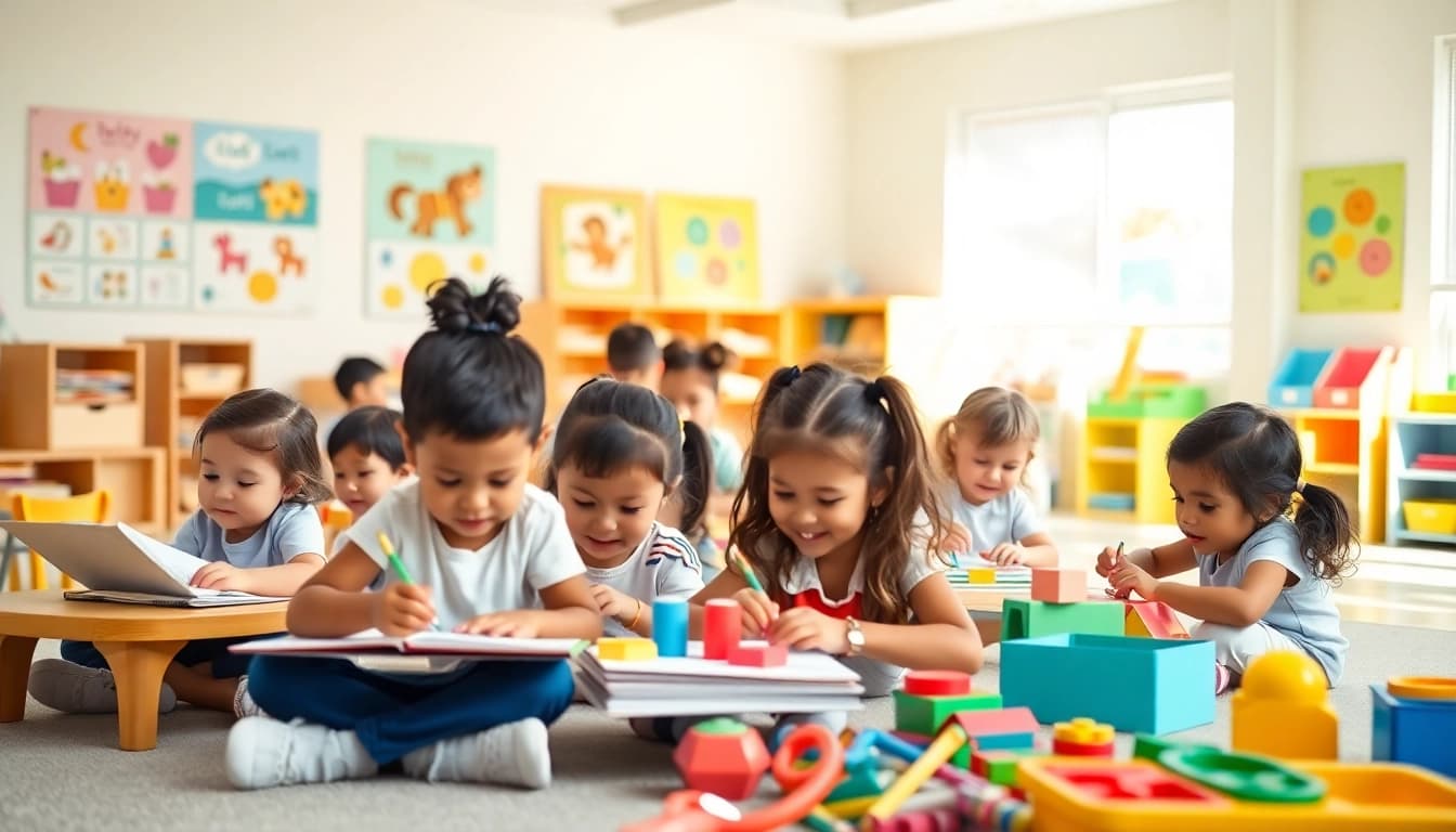 Children engaging in activities at https://juniorsjunction.com daycare in a colorful, nurturing environment.
