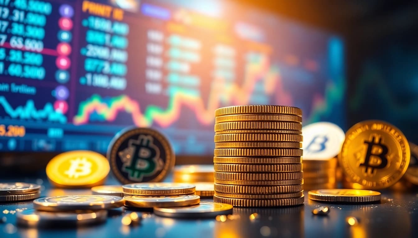 Discover trending coins listing with engaging visuals of cryptocurrency coins and statistics in a digital setting.
