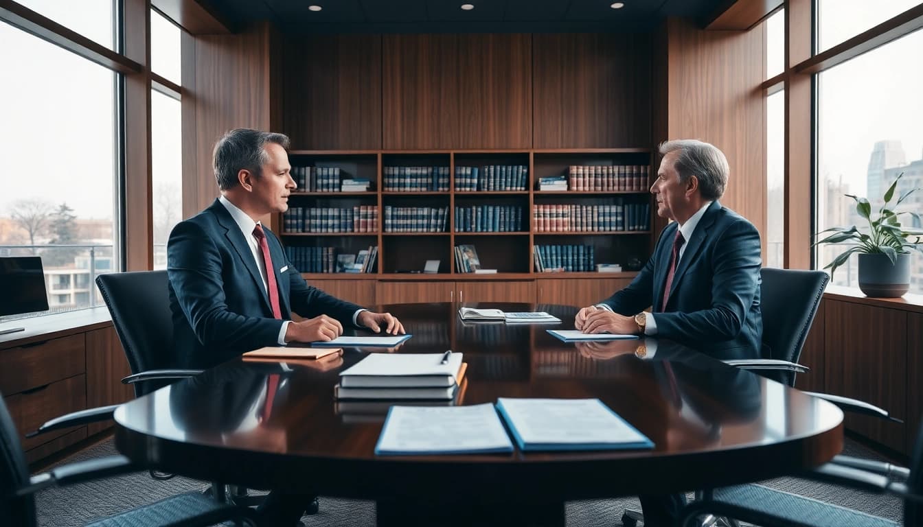 Engaged lawyers discussing a case in their modern office, enhancing https://www.mainorellis.com visibility.