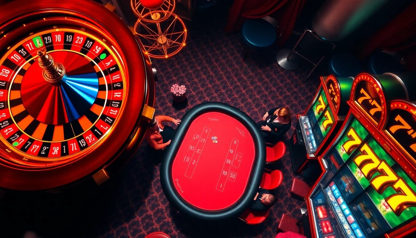 Engaging scene of casino excitement featuring seven77 on slot machines and poker tables.