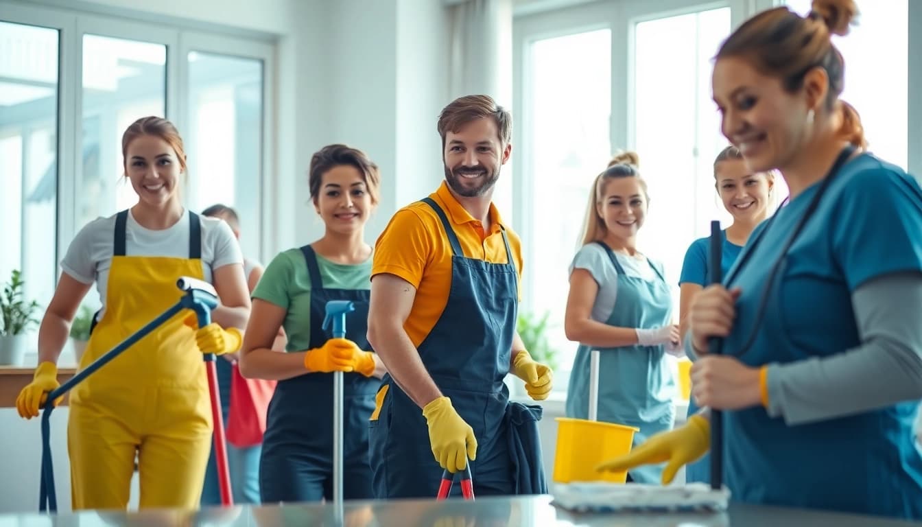 Showcasing a cleaning service team working efficiently in a bright, modern home environment.