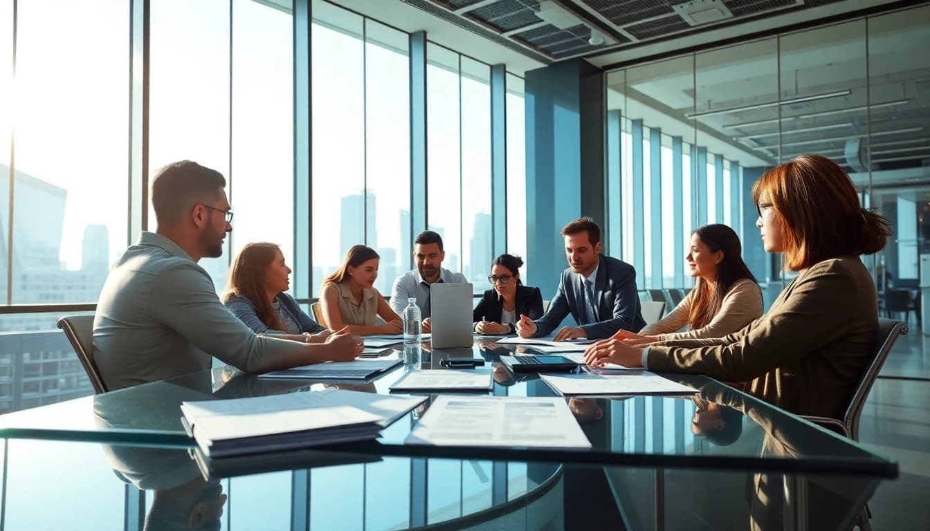 Engage in business discussions during a collaborative meeting in a dynamic office.