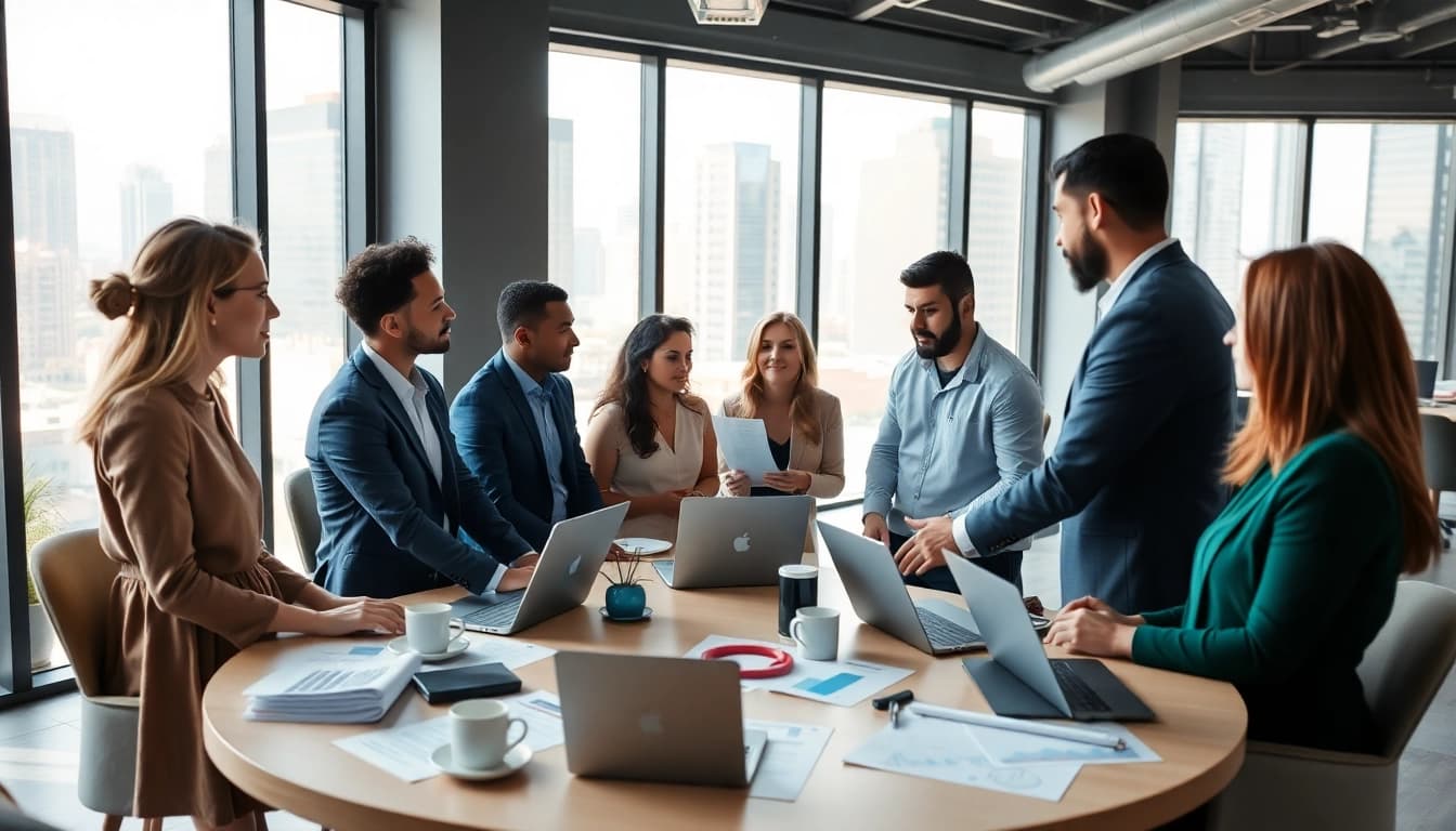 Team members collaborating at a business meeting in a modern office setting.