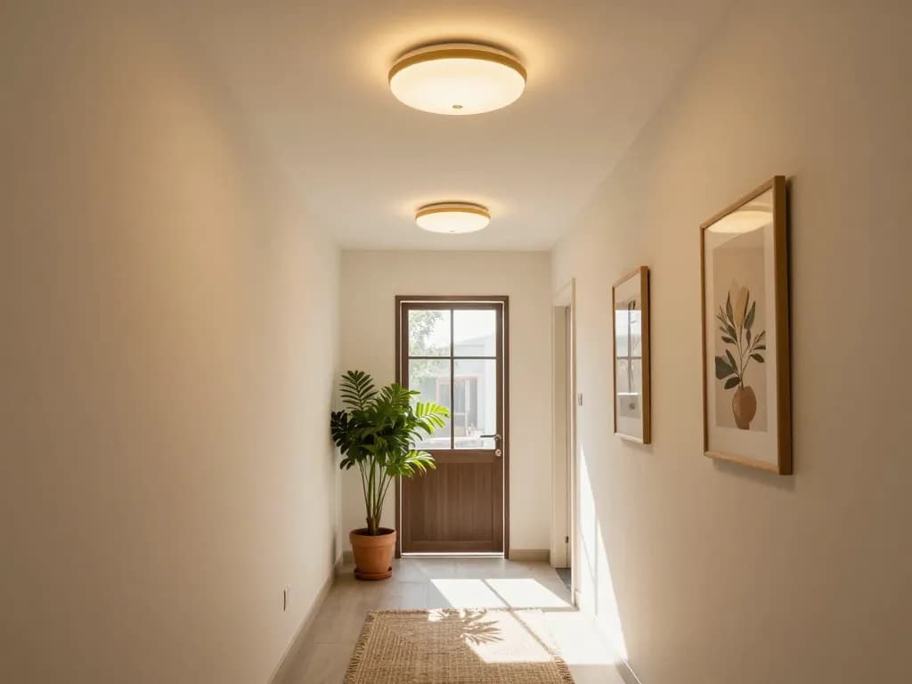 Beautiful hallway light fixtures elegantly illuminate a stylish corridor adorned with artwork and plants.