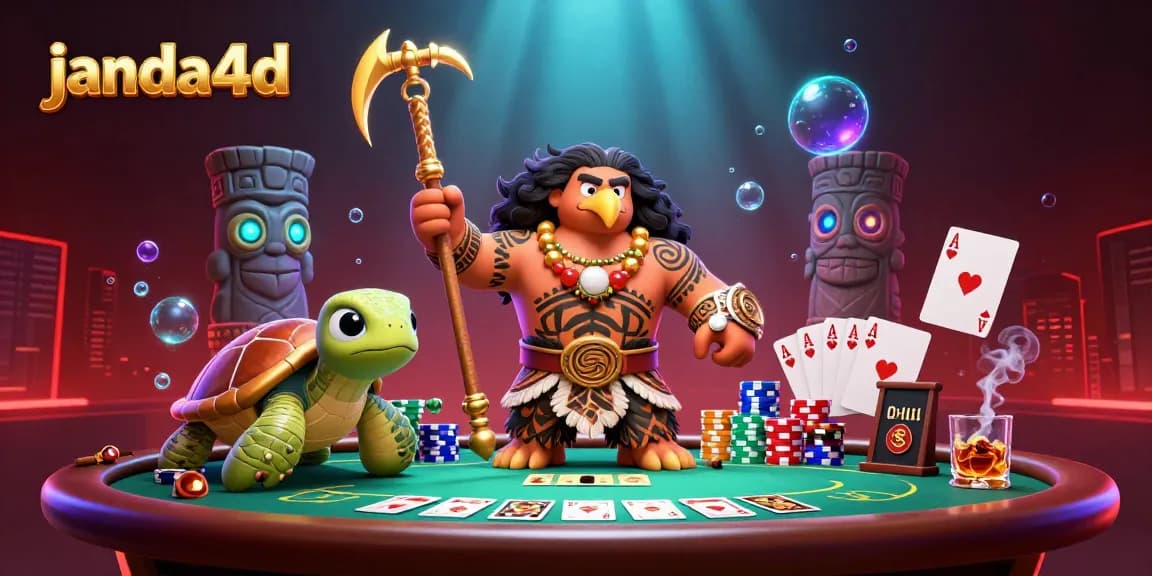 Pengalaman seru bermain di janda4d dengan karakter kartun unik, meja poker, dan atribut permainan yang menarik.