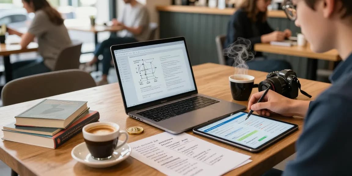 Cloud mining company research in a cozy coffee shop with laptop displaying cryptocurrency diagrams and notes for blockchain enthusiasts