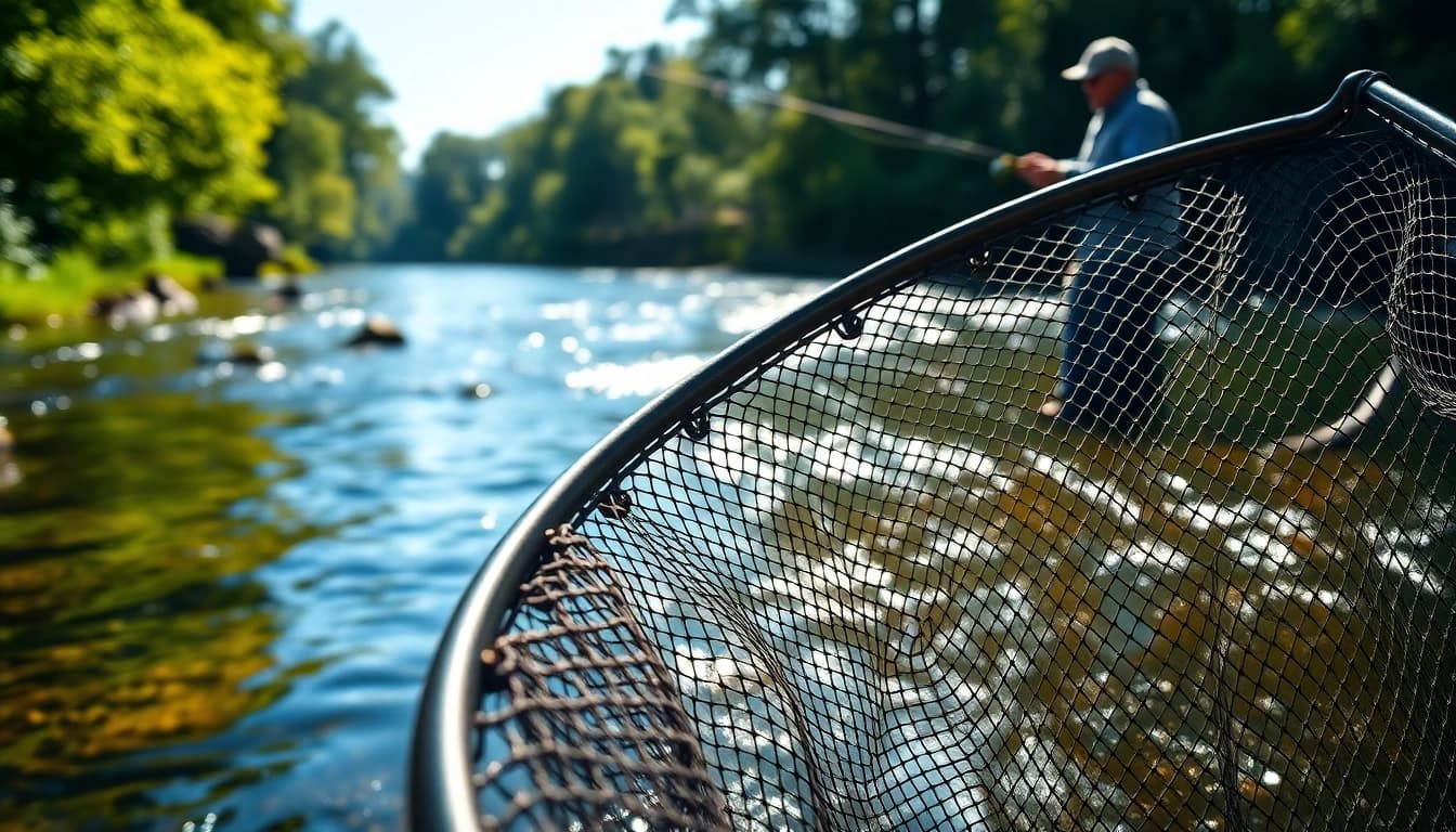 Angler using a fly fishing net in a tranquil river setting, showcasing its design and functionality.
