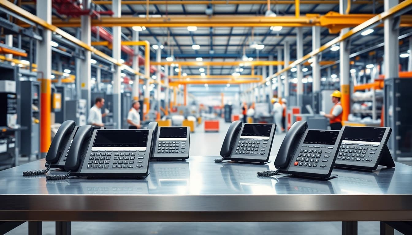 Manufacturer of Industrial Telephone and Communication System Solutions displayed in a modern factory setting.