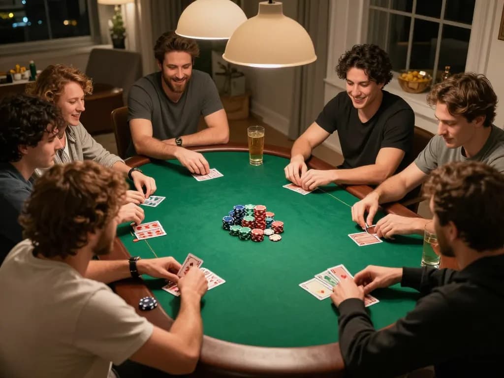 Friends playing poker at home, showcasing top quality widgets and strategy elements in a lively atmosphere