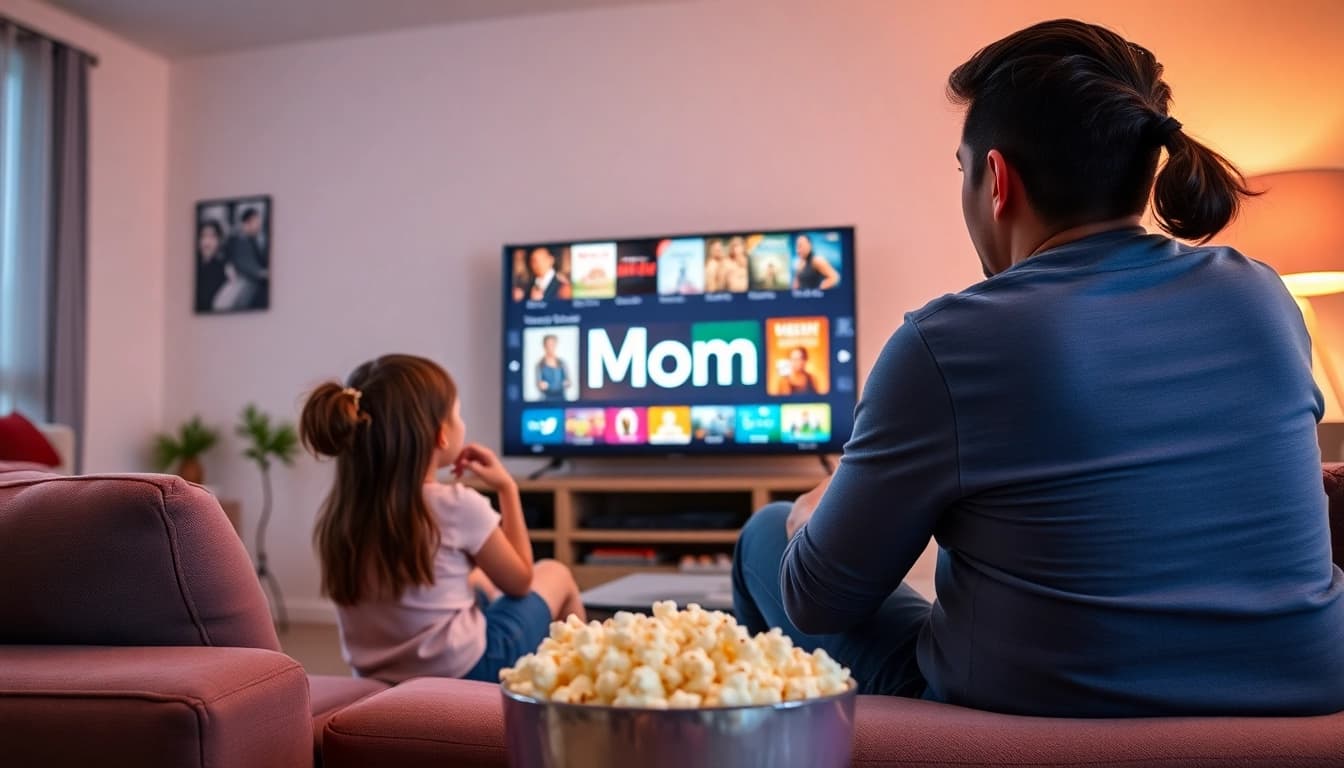 Experience the Mom IPTV review with a family watching entertainment on a smart TV.