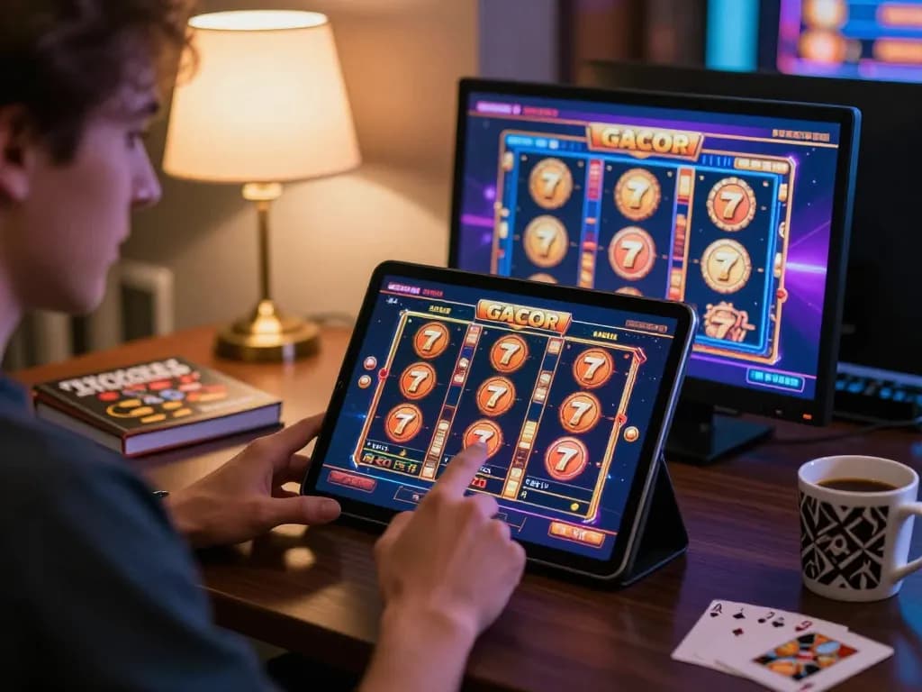 Player enjoying slot gacor 777 game on tablet at home, showcasing vibrant gaming atmosphere.