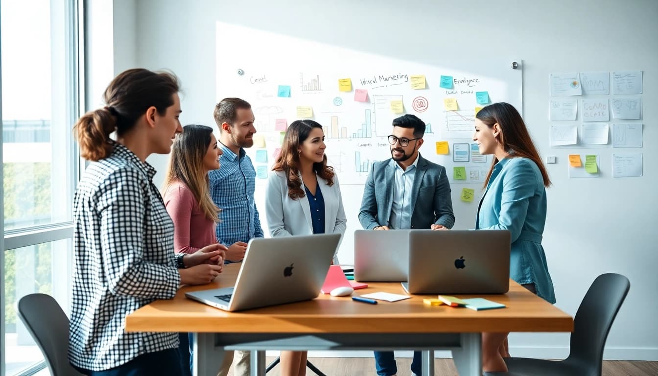 Agency professionals brainstorming marketing strategies in a modern office setting.