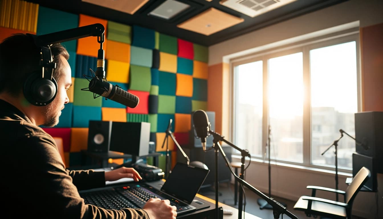 Engaging atmosphere of https://chadronradio.com/ radio studio with sound equipment.