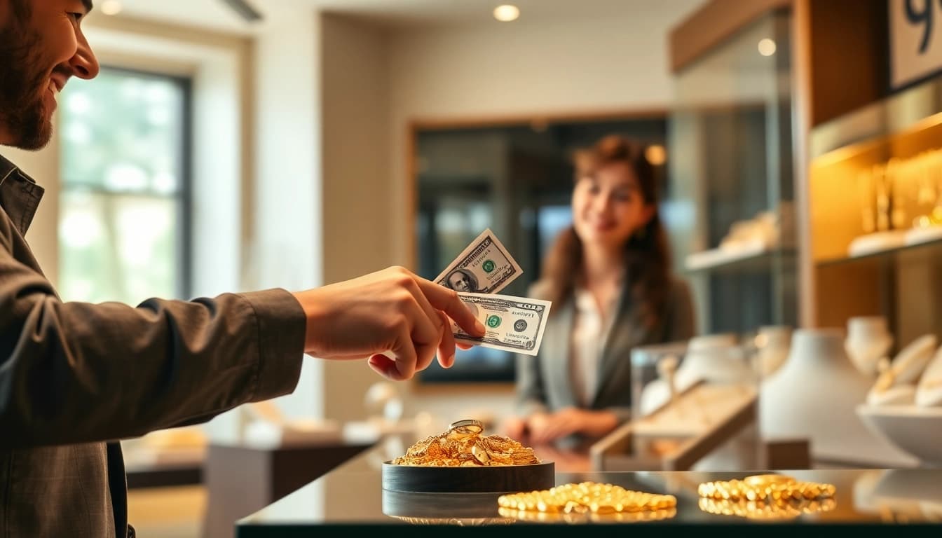 Goldankauf Prozess mit glücklichem Kunden und glänzenden Goldstücken im Hintergrund