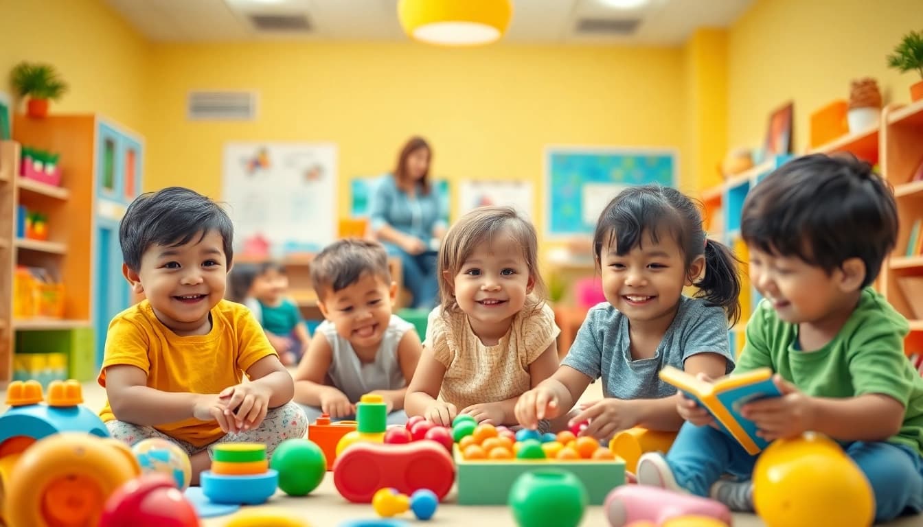 Engaged children learning at https://juniorsjunction.com in a vibrant classroom filled with educational toys and books.