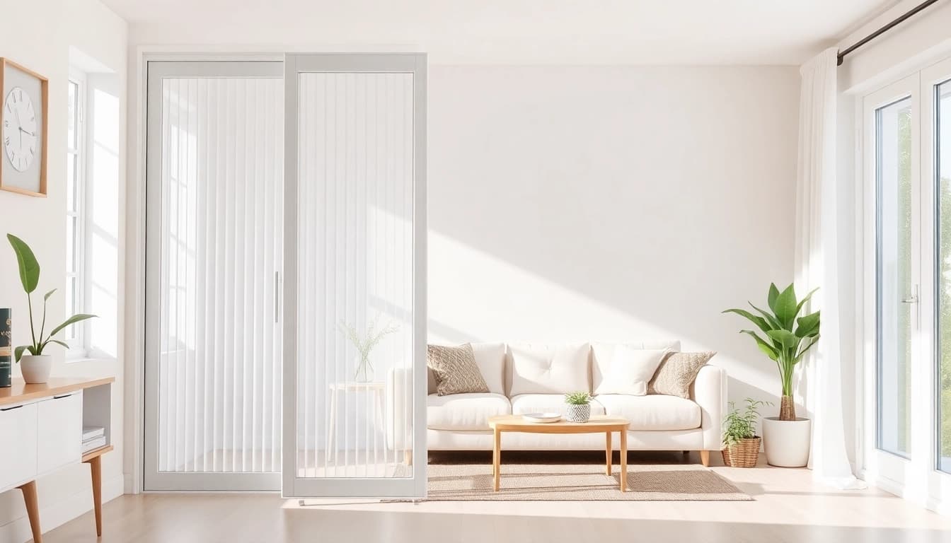 La mosquitera plisada puerta destaca en un hogar luminoso y acogedor, ofreciendo elegancia y funcionalidad.
