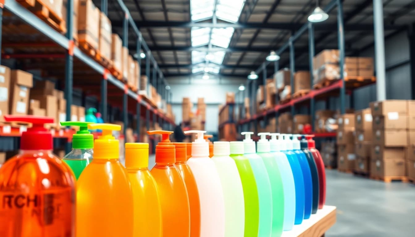 Shampoo bottle suppliers showcasing diverse bottle designs in a modern warehouse.
