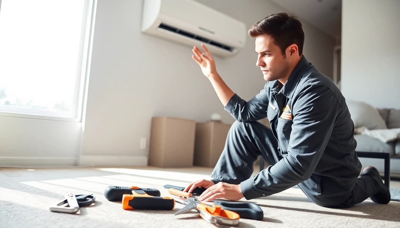 Service technician at https://nobleheatingairservices.com performing maintenance on air conditioning unit.