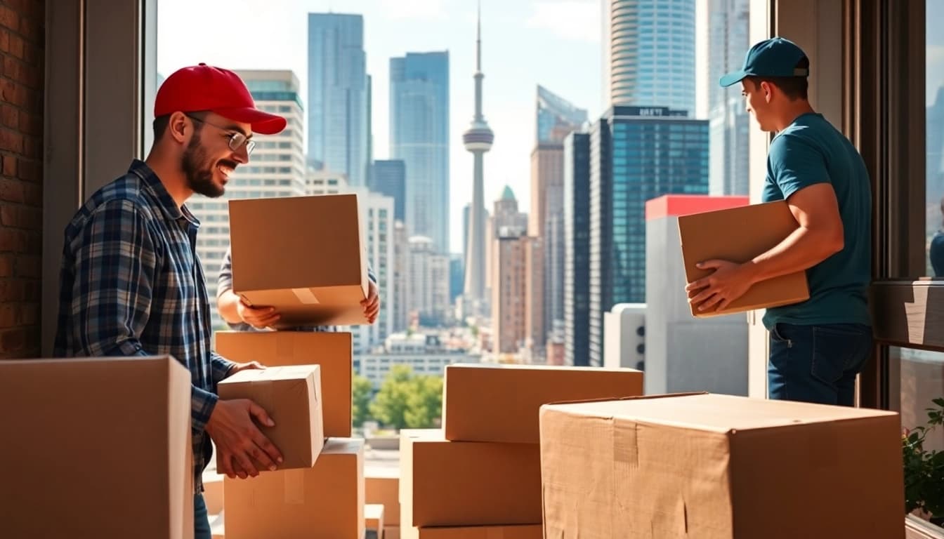 Reliable Toronto moving company team packing boxes in a vibrant city setting.