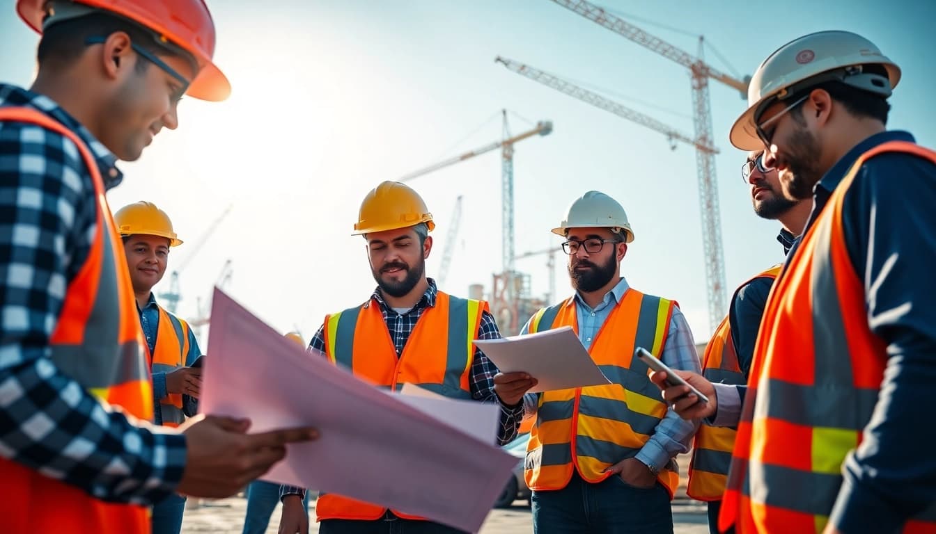 Workers engaged in careers in construction on a vibrant job site with tools and blueprints.