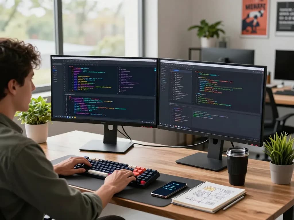 Moltbot AI developer workspace featuring a mac mini, dual monitors, and productive environment.