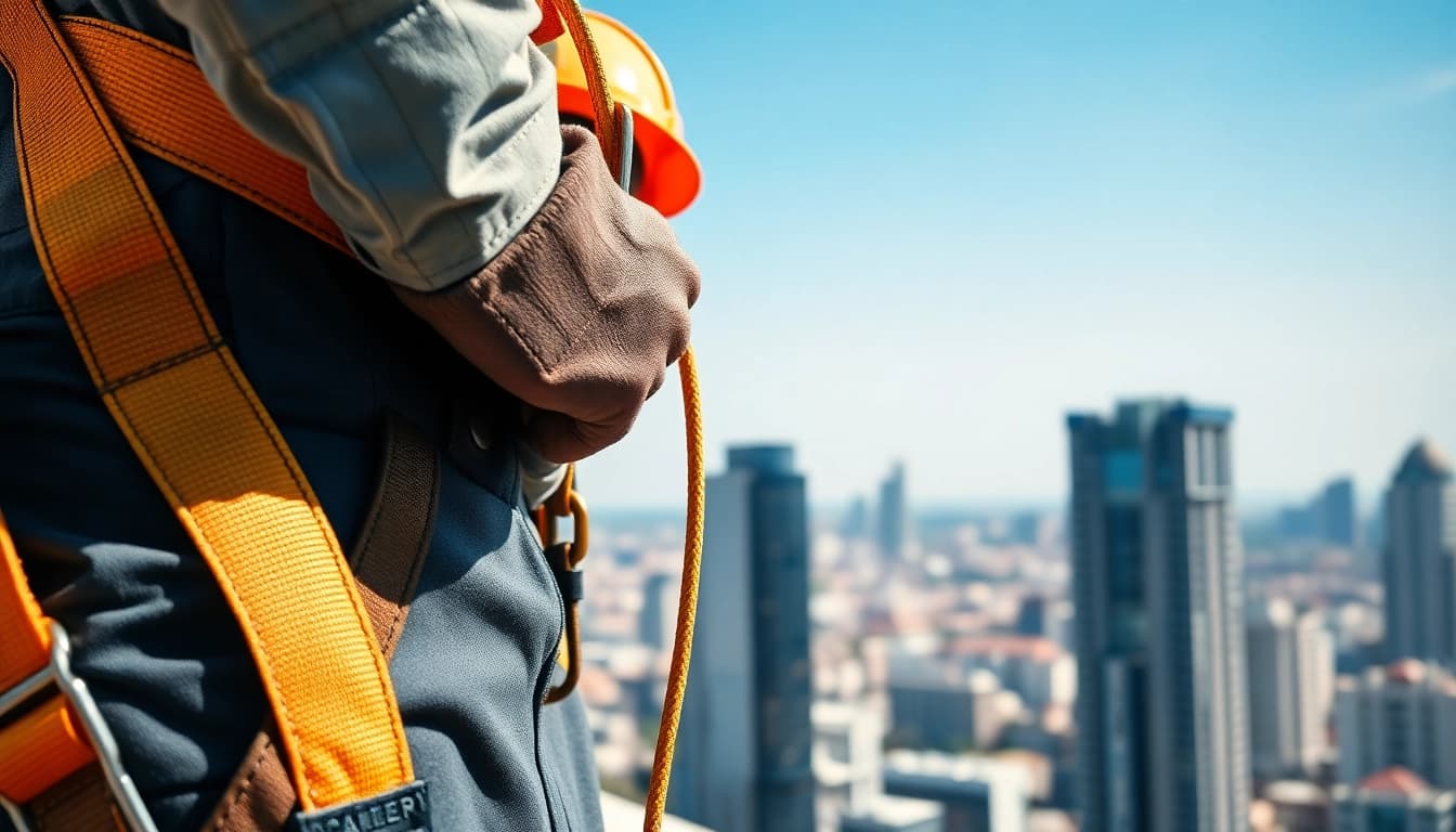Ensure safety using work at height safety equipment Kenya, featuring a worker in a full-body harness.