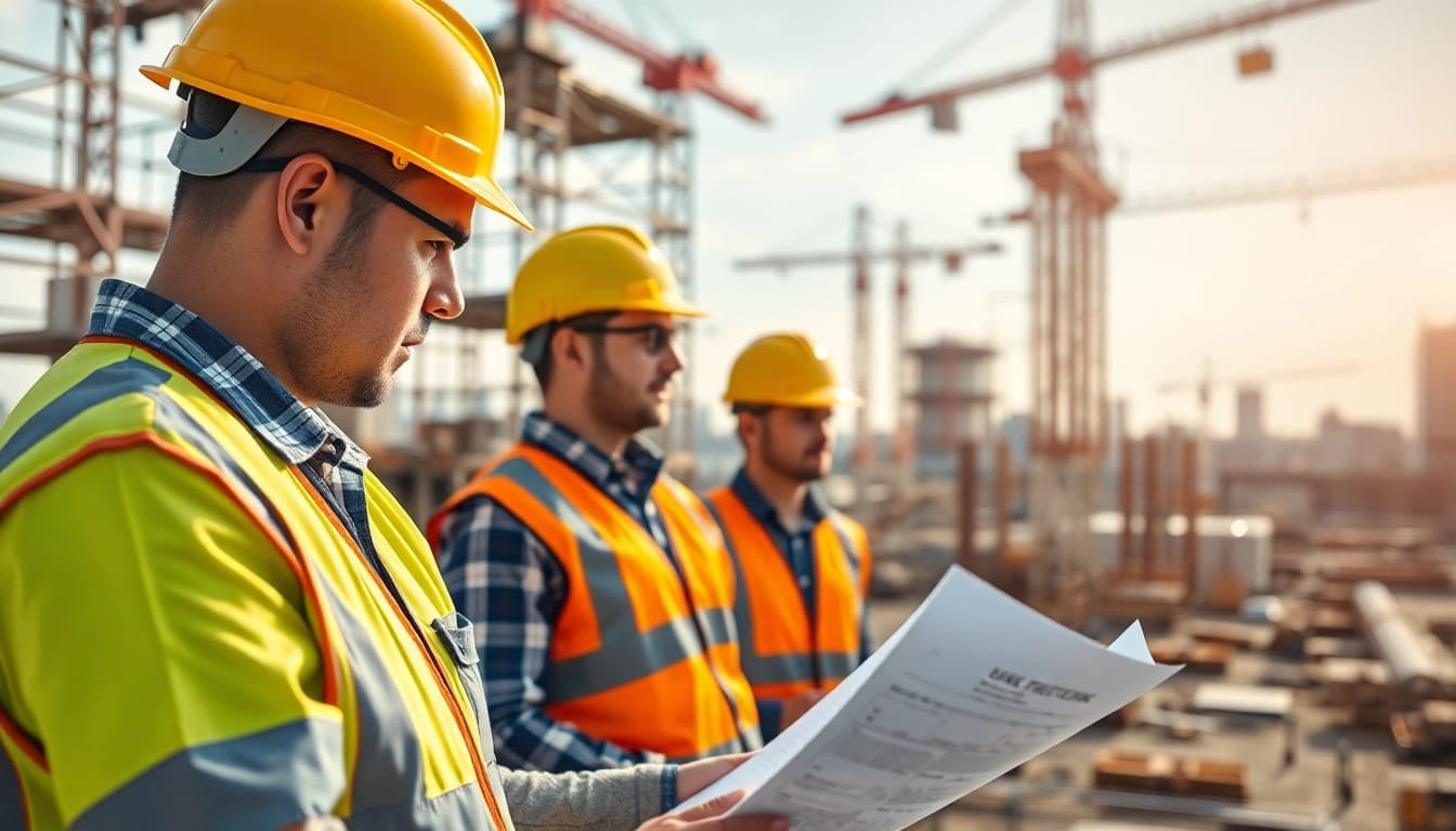 Enhancing construction site safety with workers actively collaborating at a busy job site.