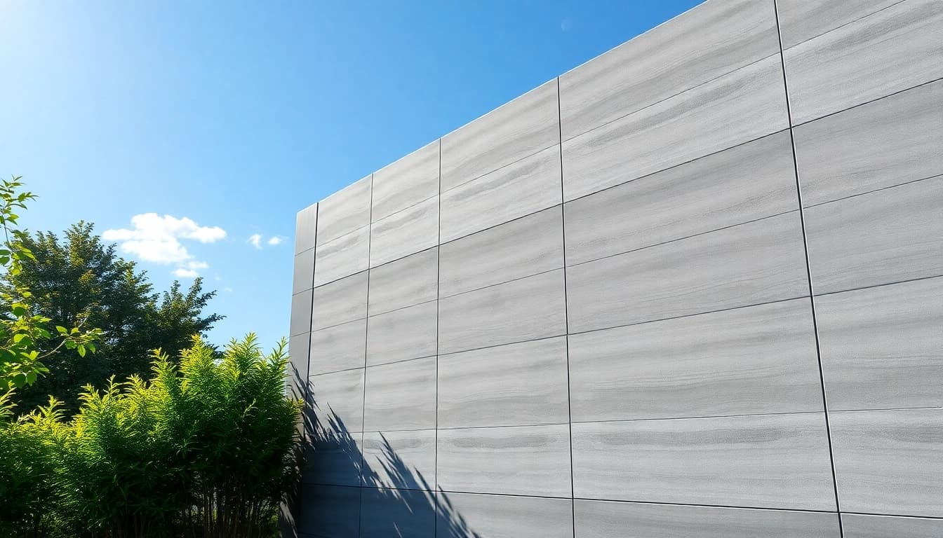 Install weather-resistant wall panels in a modern outdoor setting with greenery and blue sky.