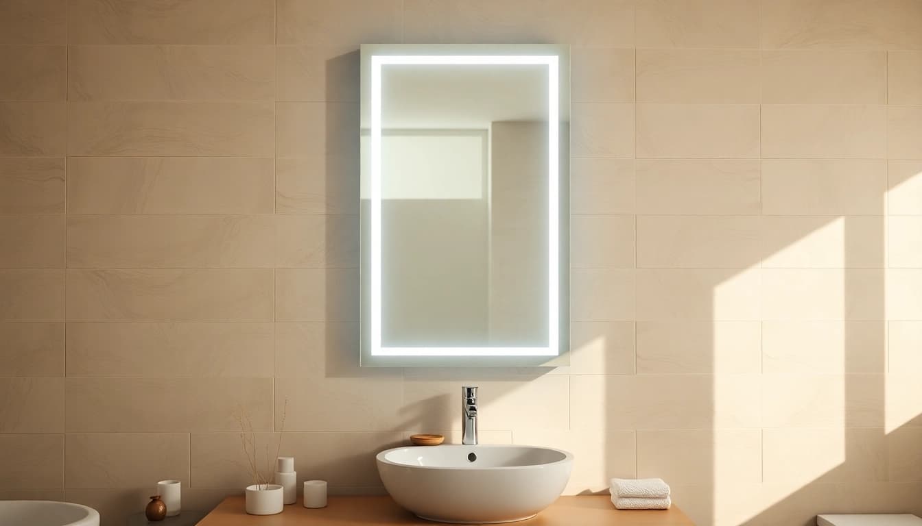 Enhanced reflection in a modern mirror and led lights illuminating a stylish bathroom.