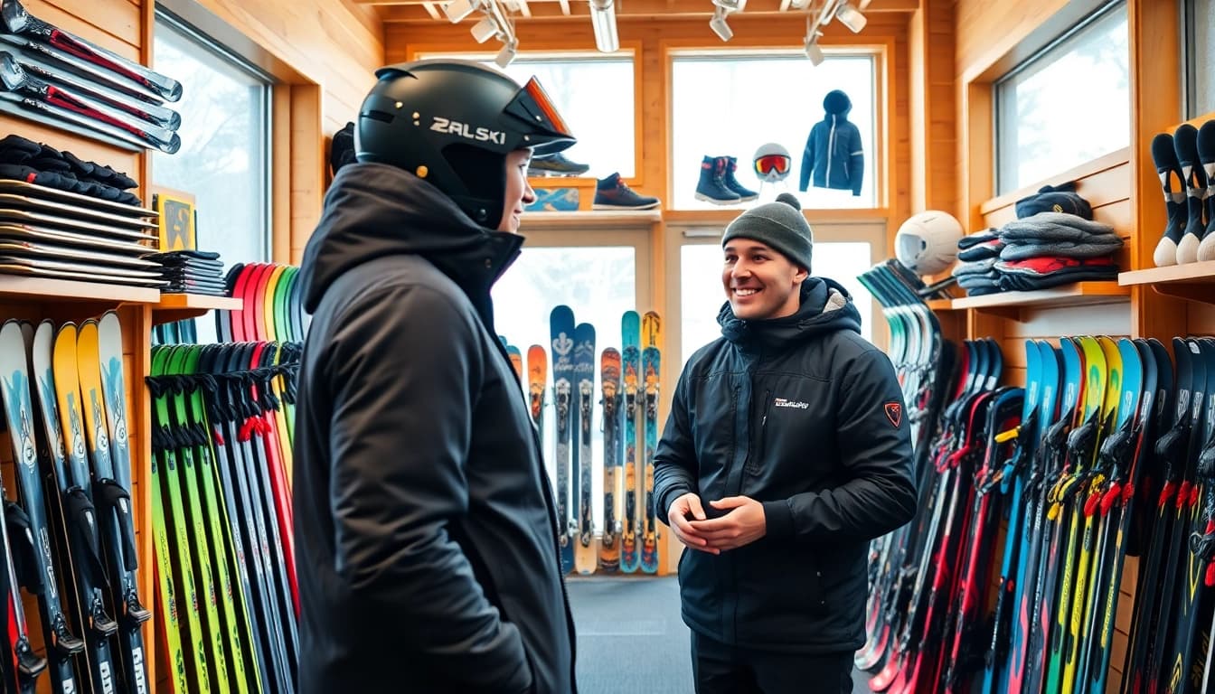 A vibrant ski shop displaying a wide range of skis, boots, and winter gear.
